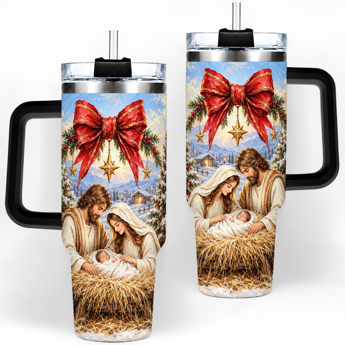 #pl[40oz|Black] Christmas Nativity Handled Tumbler, 40oz Stainless Steel Drinkware