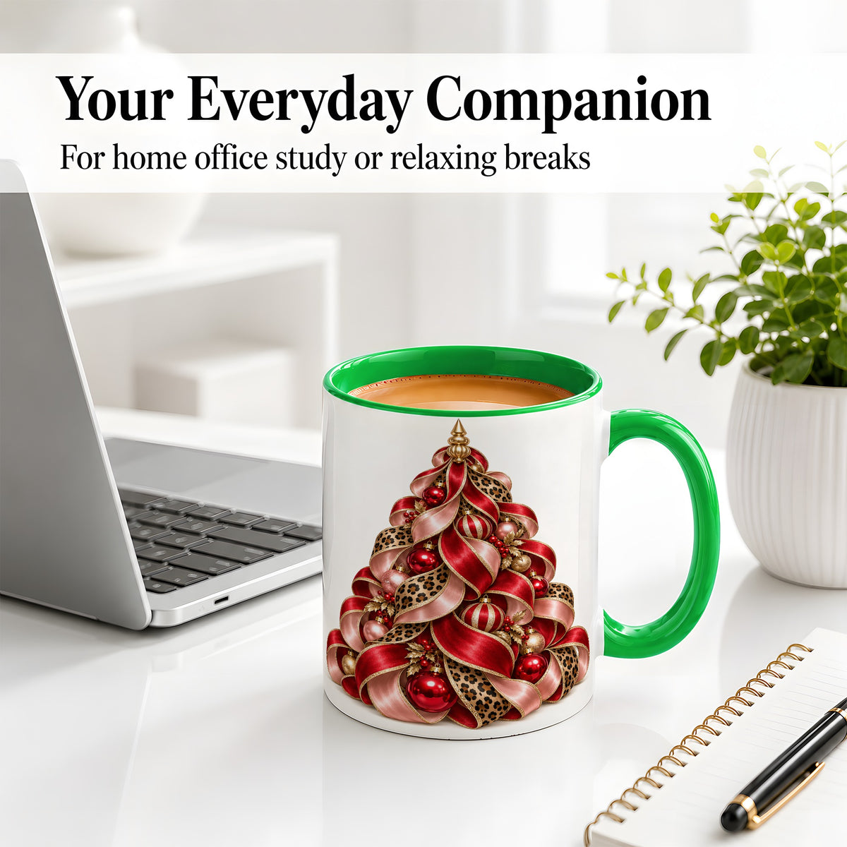 #pl[11oz|Green] Leopard Ribbon Christmas Tree Accent Mug, Ceramic Cup with Bow Art