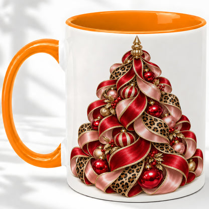 #pl[11oz|Orange] Leopard Ribbon Christmas Tree Accent Mug, Ceramic Cup with Bow Art