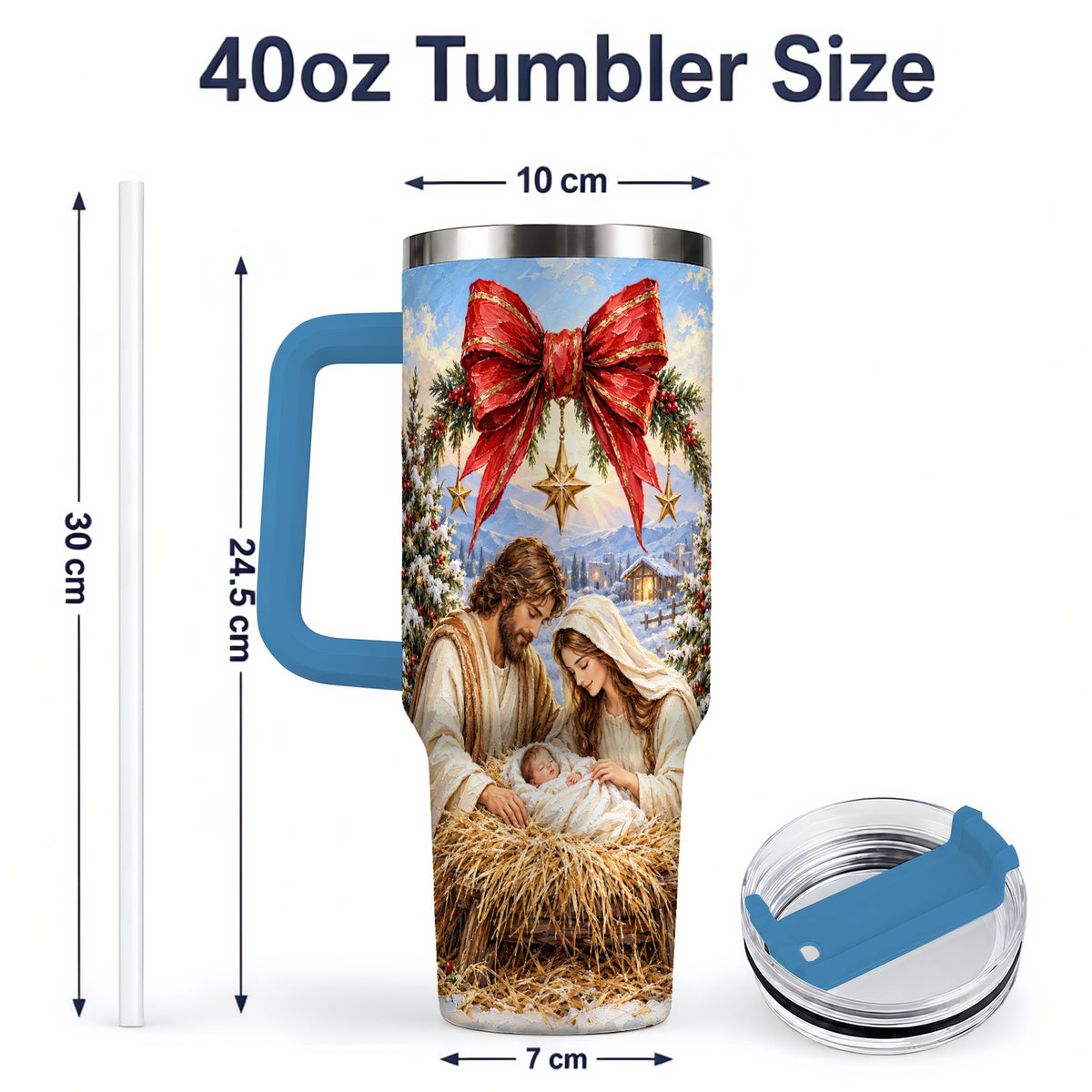 #pl[40oz|Blue] Christmas Nativity Handled Tumbler, 40oz Stainless Steel Drinkware