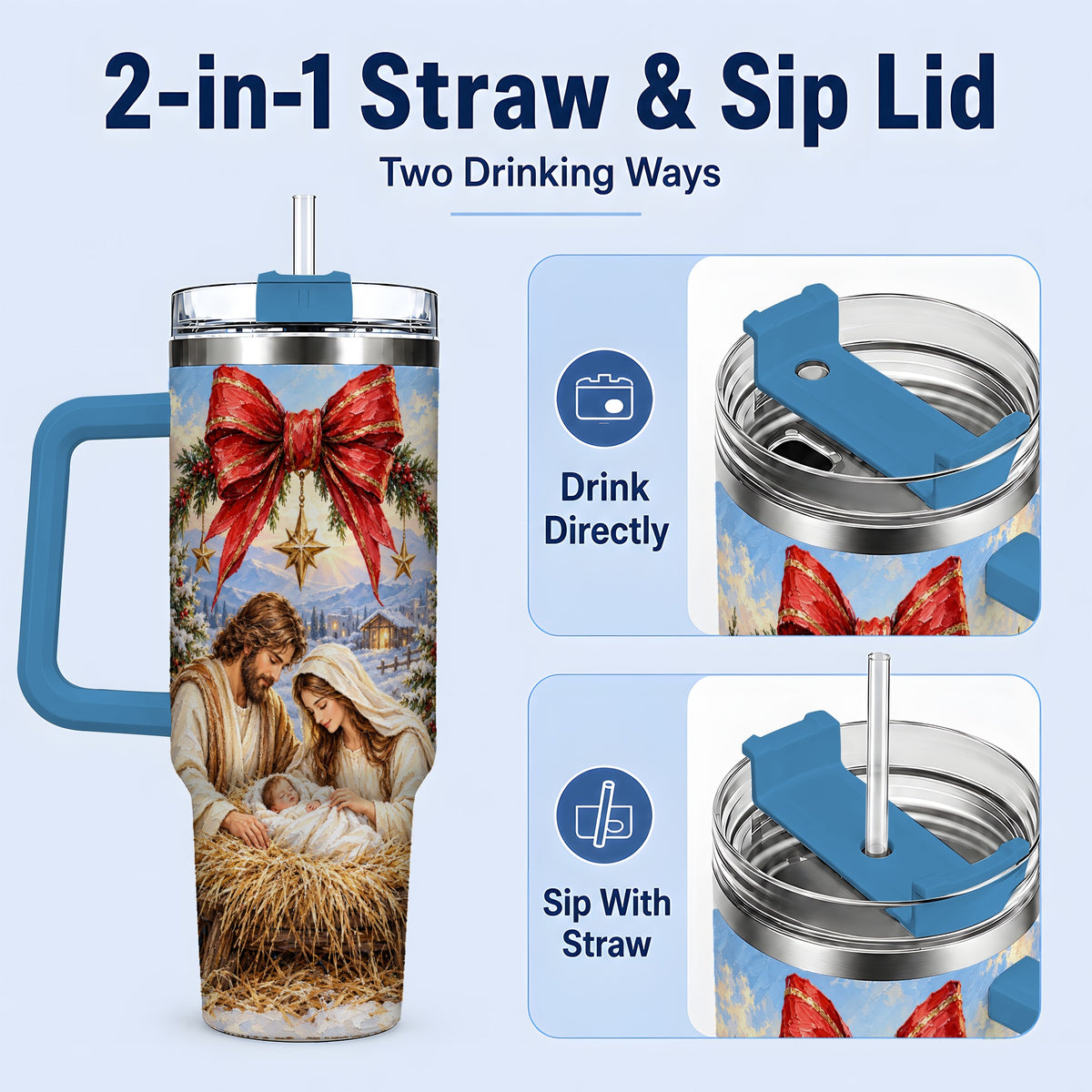 #pl[40oz|Blue] Christmas Nativity Handled Tumbler, 40oz Stainless Steel Drinkware
