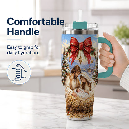 #pl[40oz|Green] Christmas Nativity Handled Tumbler, 40oz Stainless Steel Drinkware