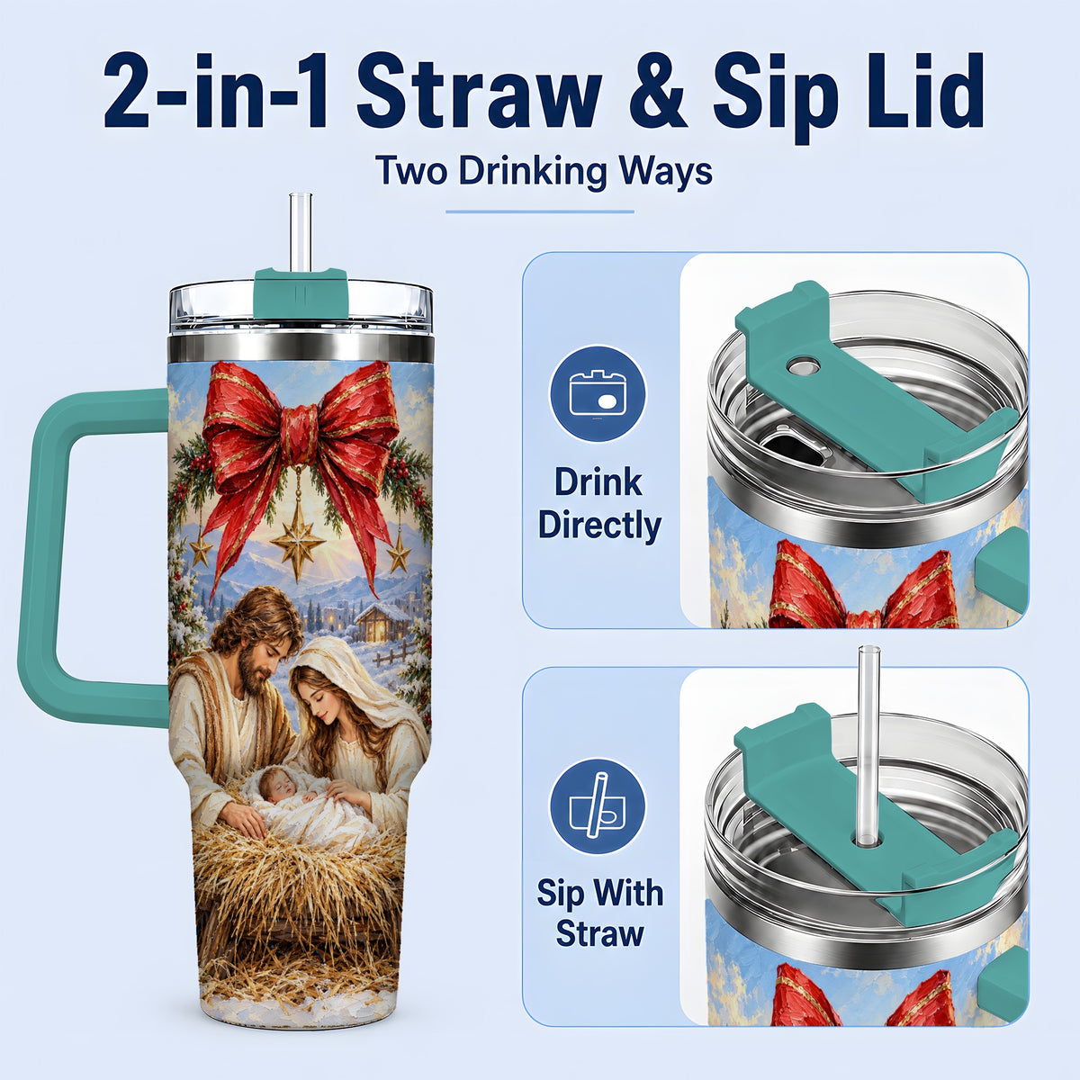 #pl[40oz|Green] Christmas Nativity Handled Tumbler, 40oz Stainless Steel Drinkware