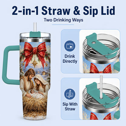 #pl[40oz|Green] Christmas Nativity Handled Tumbler, 40oz Stainless Steel Drinkware