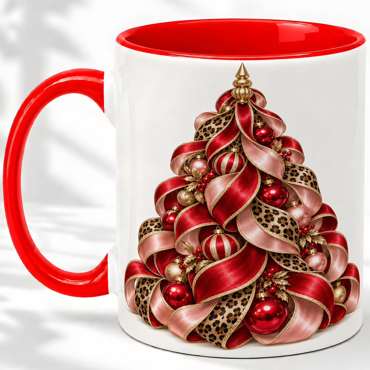 Leopard Ribbon Christmas Tree Accent Mug, Ceramic Cup with Bow Art