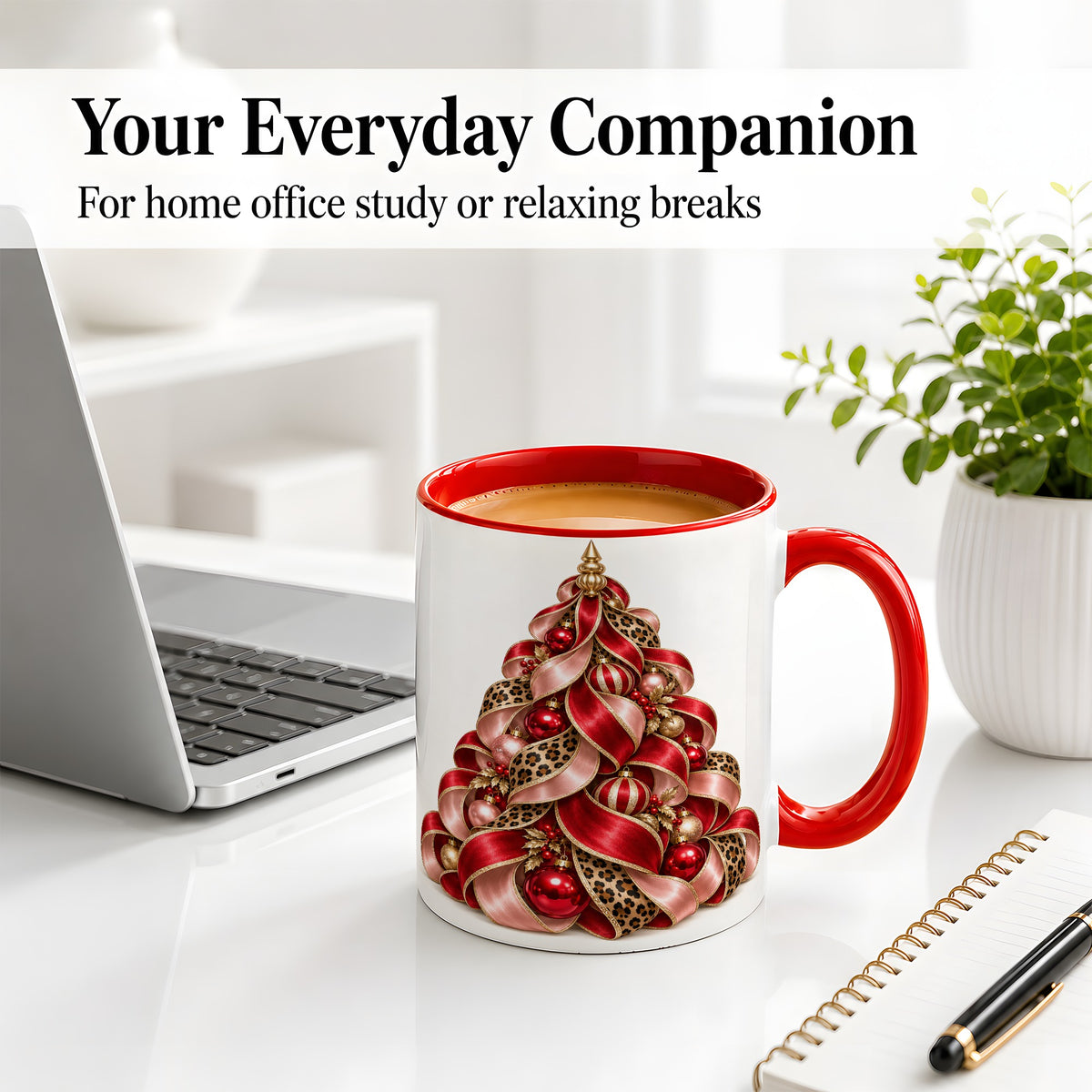 #pl[11oz|Red] Leopard Ribbon Christmas Tree Accent Mug, Ceramic Cup with Bow Art