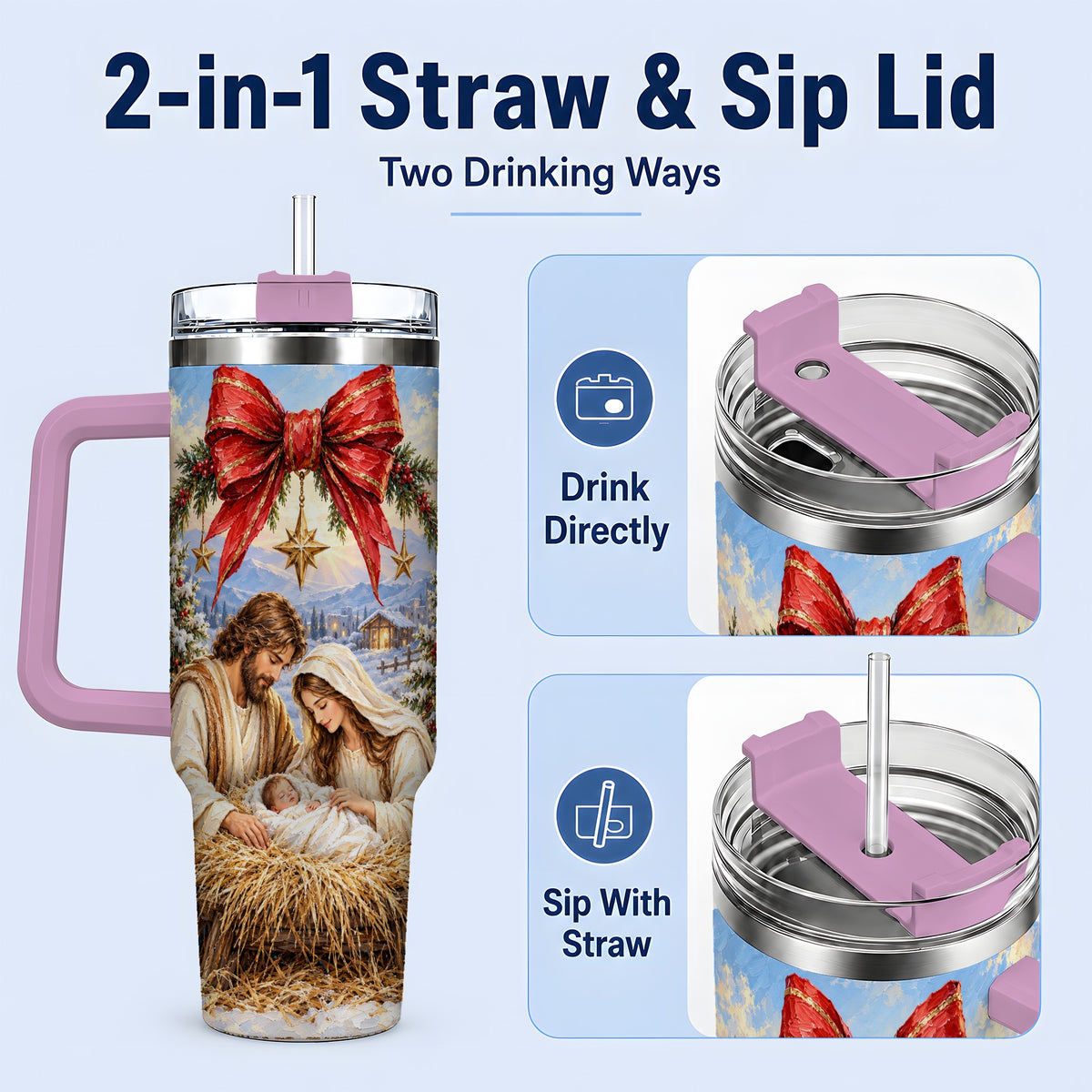 #pl[40oz|Pink] Christmas Nativity Handled Tumbler, 40oz Stainless Steel Drinkware