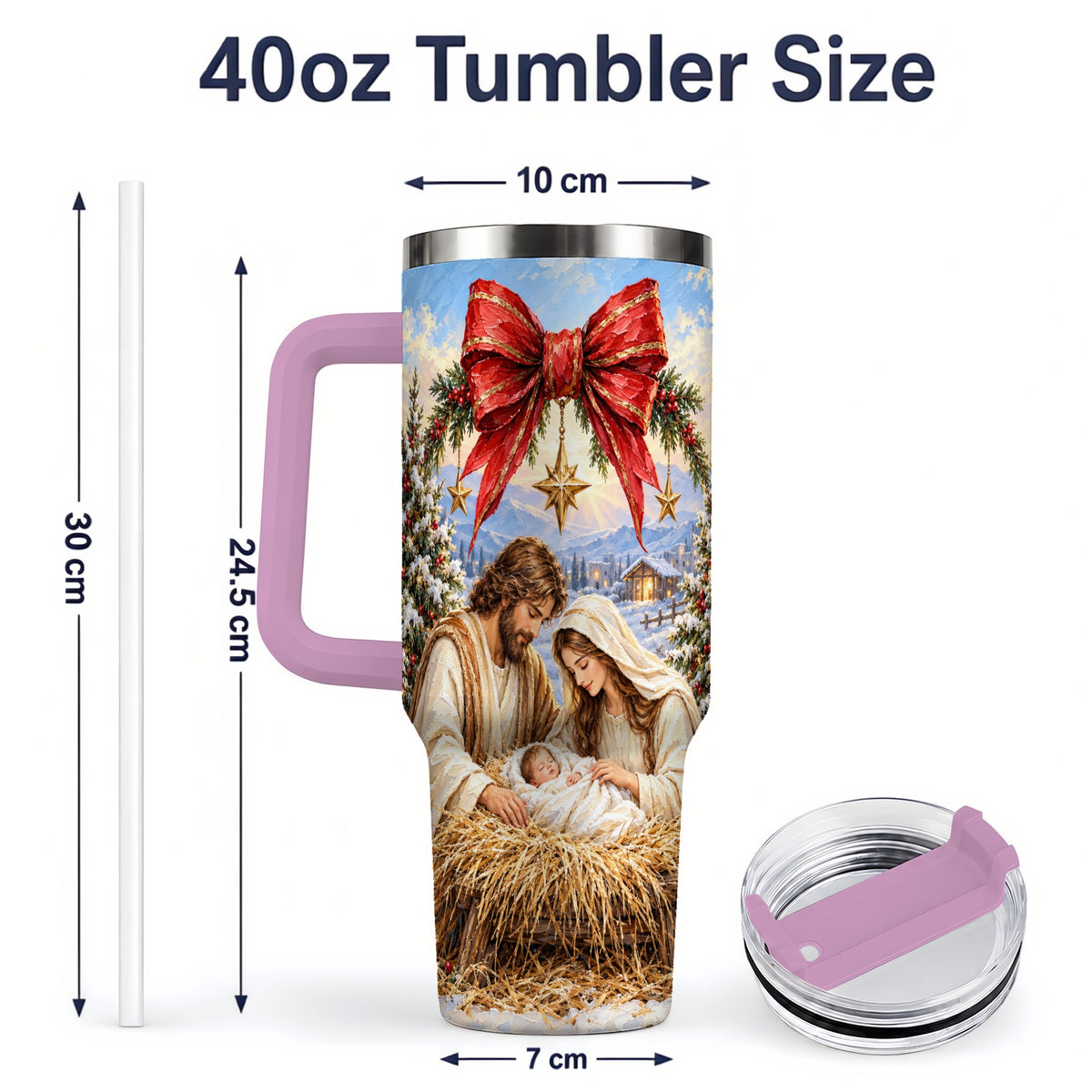 #pl[40oz|Pink] Christmas Nativity Handled Tumbler, 40oz Stainless Steel Drinkware