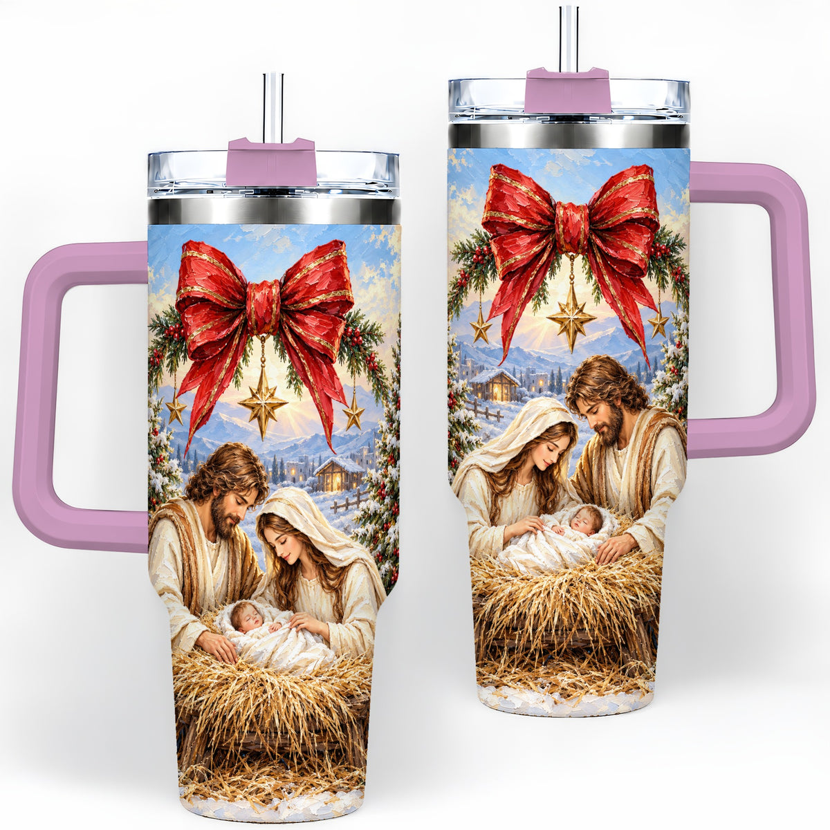 #pl[40oz|Pink] Christmas Nativity Handled Tumbler, 40oz Stainless Steel Drinkware