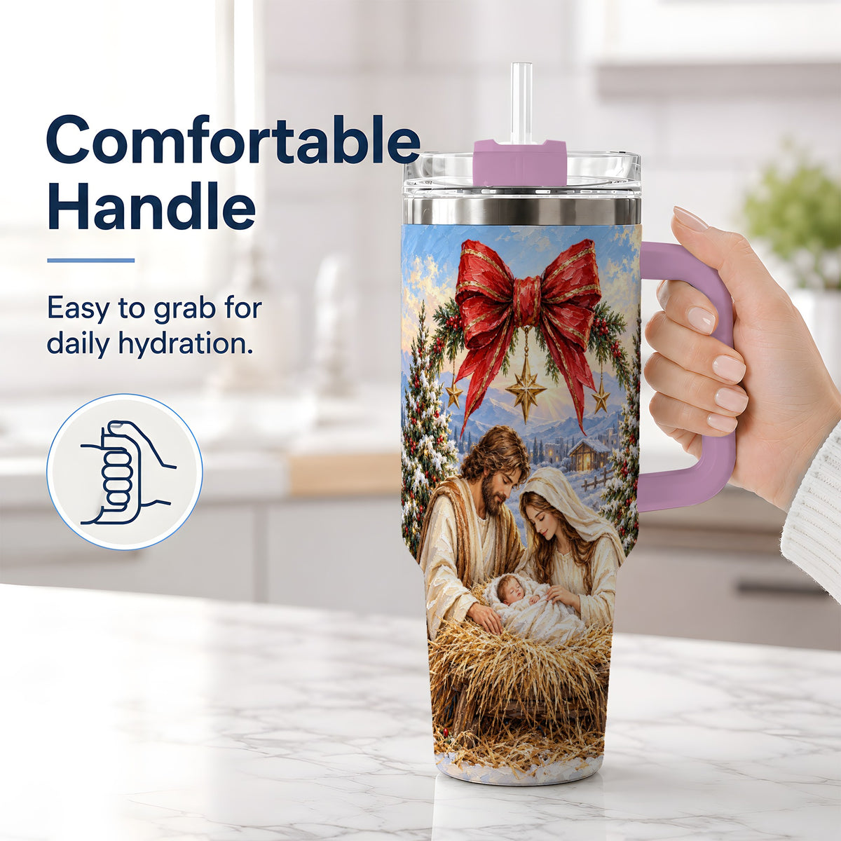 #pl[40oz|Pink] Christmas Nativity Handled Tumbler, 40oz Stainless Steel Drinkware