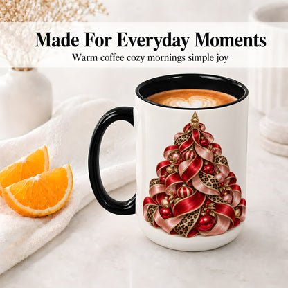 #pl[15oz|Black] Leopard Ribbon Christmas Tree Accent Mug, Ceramic Cup with Bow Art