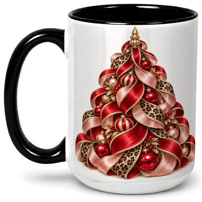 #pl[15oz|Black] Leopard Ribbon Christmas Tree Accent Mug, Ceramic Cup with Bow Art