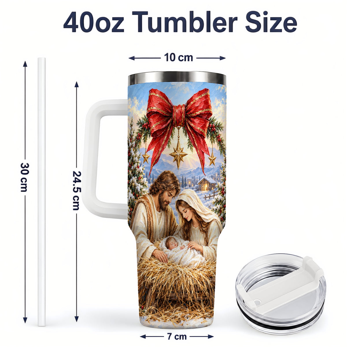 #pl[40oz|White] Christmas Nativity Handled Tumbler, 40oz Stainless Steel Drinkware