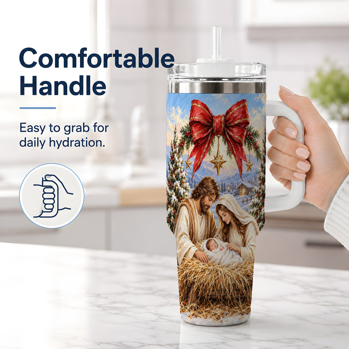 #pl[40oz|White] Christmas Nativity Handled Tumbler, 40oz Stainless Steel Drinkware