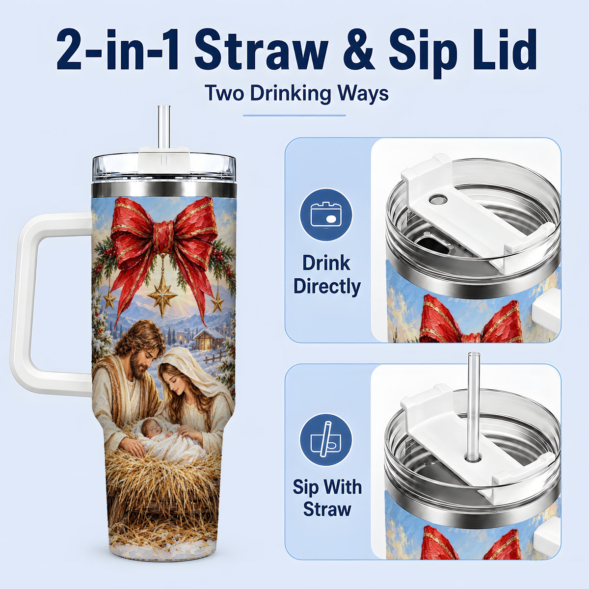 #pl[40oz|White] Christmas Nativity Handled Tumbler, 40oz Stainless Steel Drinkware