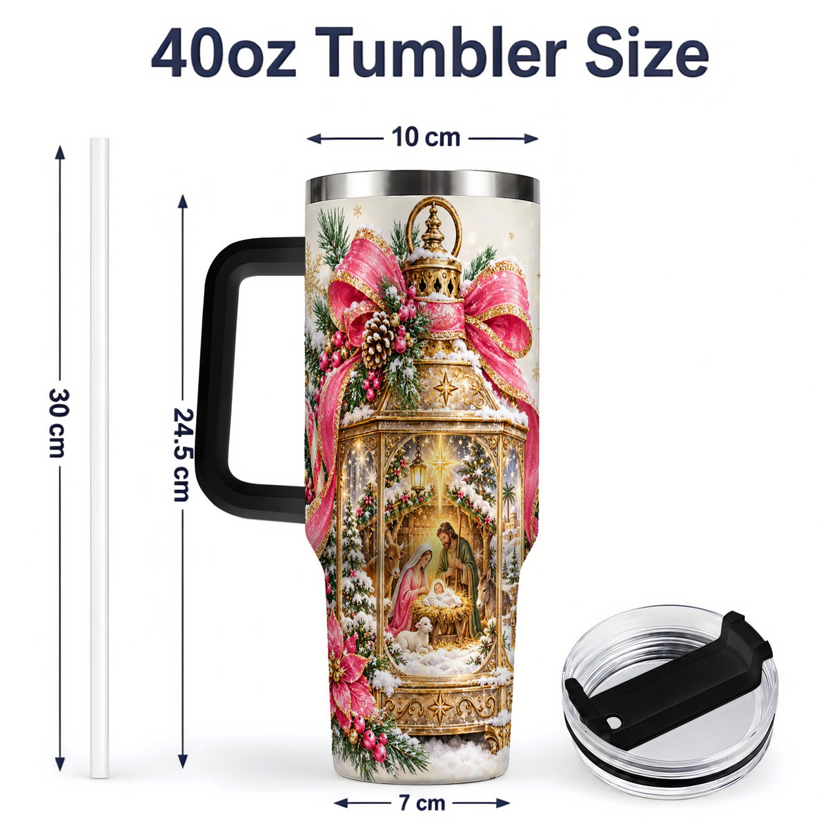 #pl[40oz|Black] Christmas Nativity Scene 40oz Handled Tumbler, Holy Family Artwork