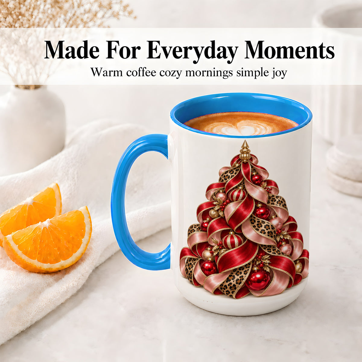 #pl[15oz|Blue] Leopard Ribbon Christmas Tree Accent Mug, Ceramic Cup with Bow Art