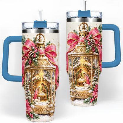 #pl[40oz|Blue] Christmas Nativity Scene 40oz Handled Tumbler, Holy Family Artwork