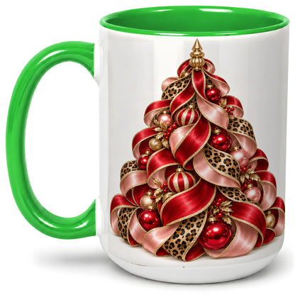 #pl[15oz|Green] Leopard Ribbon Christmas Tree Accent Mug, Ceramic Cup with Bow Art