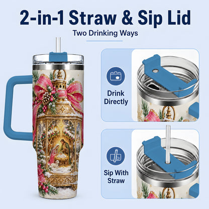 #pl[40oz|Blue] Christmas Nativity Scene 40oz Handled Tumbler, Holy Family Artwork