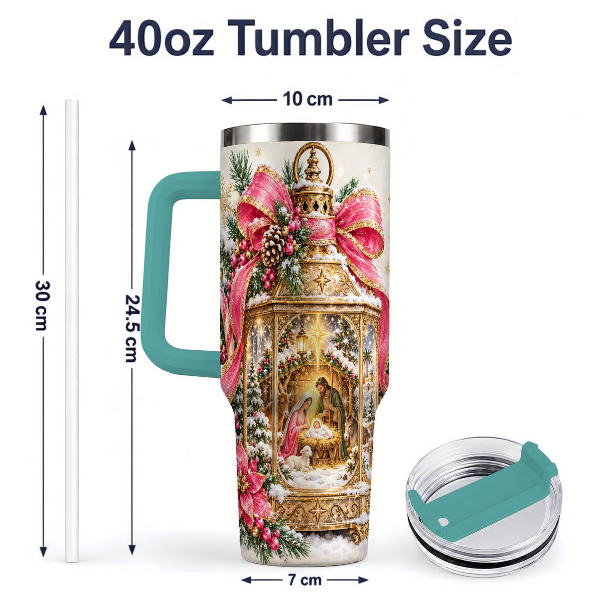 #pl[40oz|Green] Christmas Nativity Scene 40oz Handled Tumbler, Holy Family Artwork