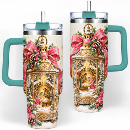 #pl[40oz|Green] Christmas Nativity Scene 40oz Handled Tumbler, Holy Family Artwork