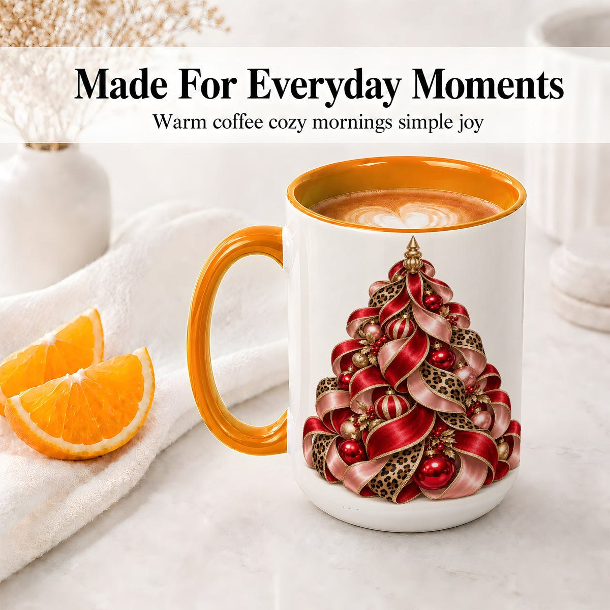 #pl[15oz|Orange] Leopard Ribbon Christmas Tree Accent Mug, Ceramic Cup with Bow Art