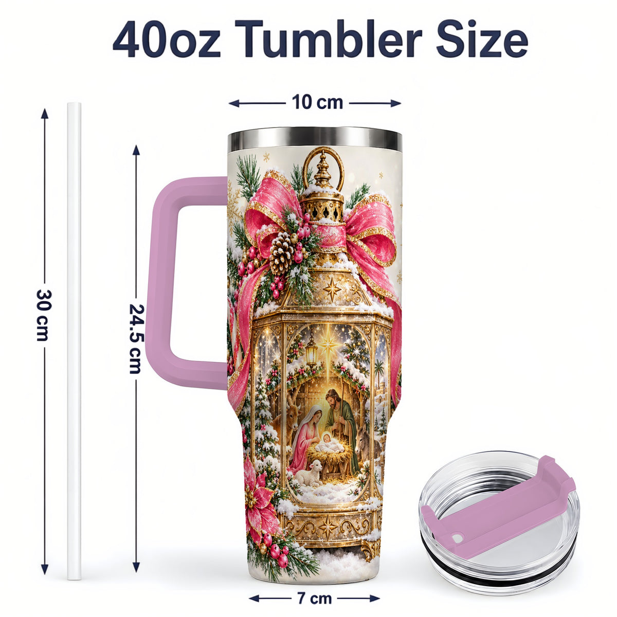 #pl[40oz|Pink] Christmas Nativity Scene 40oz Handled Tumbler, Holy Family Artwork