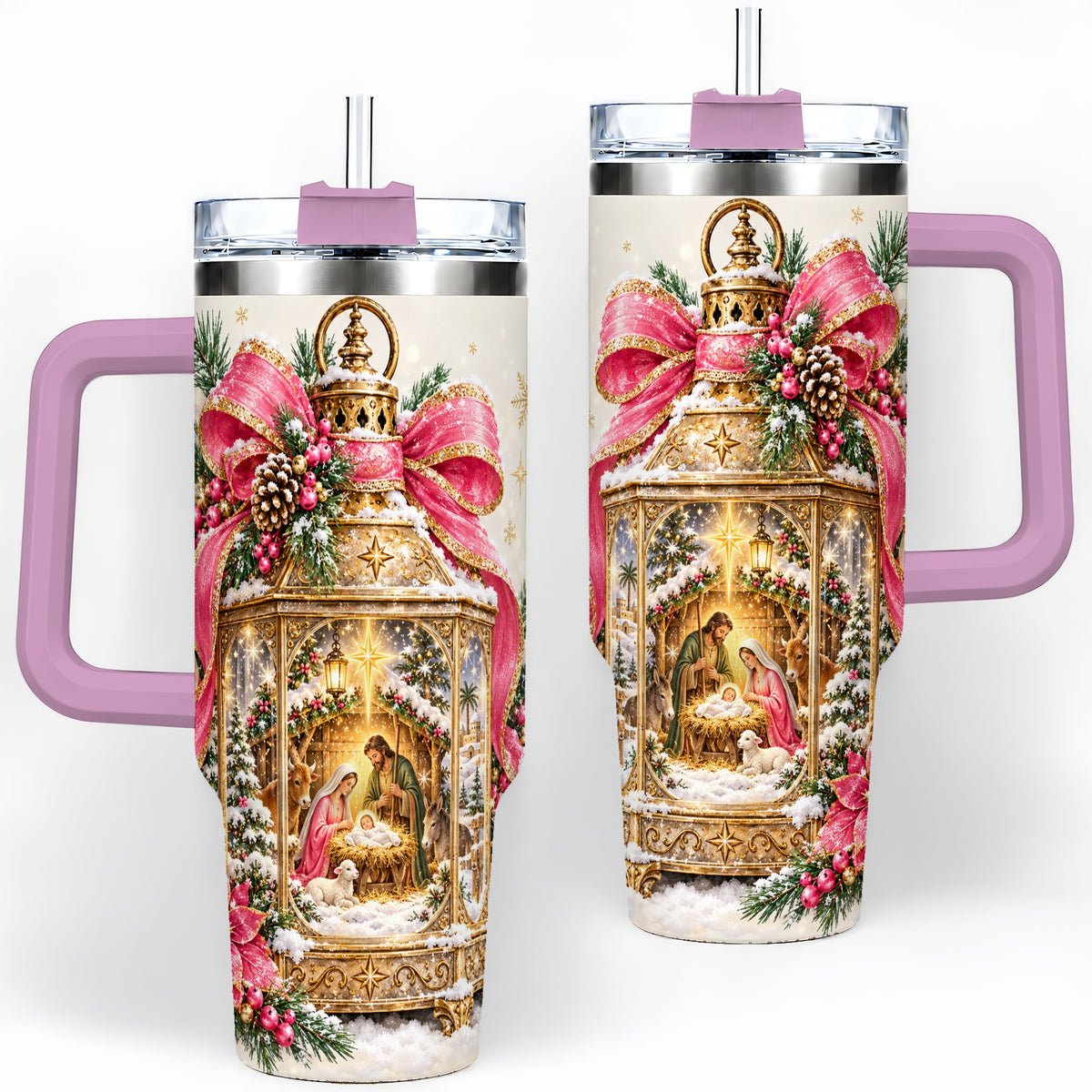 #pl[40oz|Pink] Christmas Nativity Scene 40oz Handled Tumbler, Holy Family Artwork