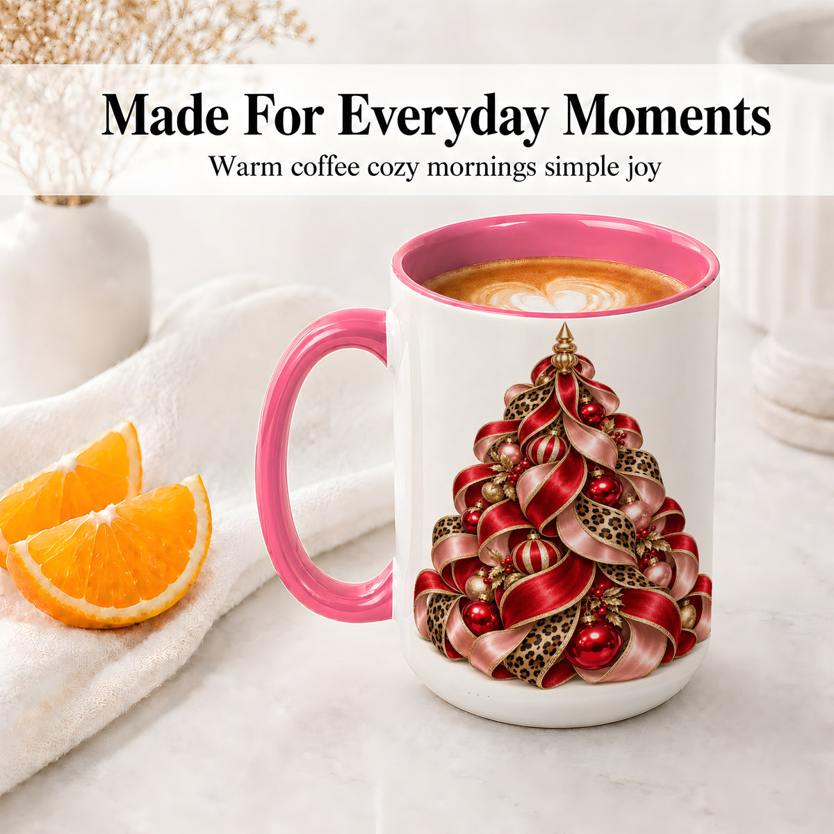 #pl[15oz|Pink] Leopard Ribbon Christmas Tree Accent Mug, Ceramic Cup with Bow Art