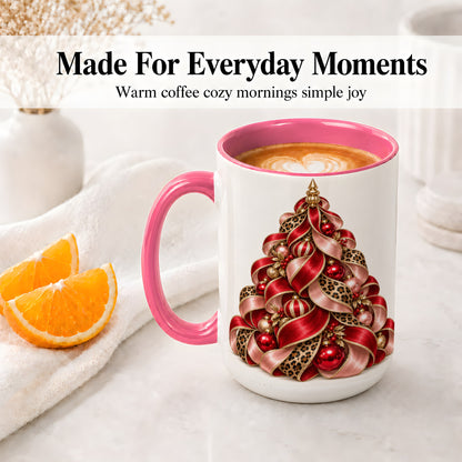 #pl[15oz|Pink] Leopard Ribbon Christmas Tree Accent Mug, Ceramic Cup with Bow Art