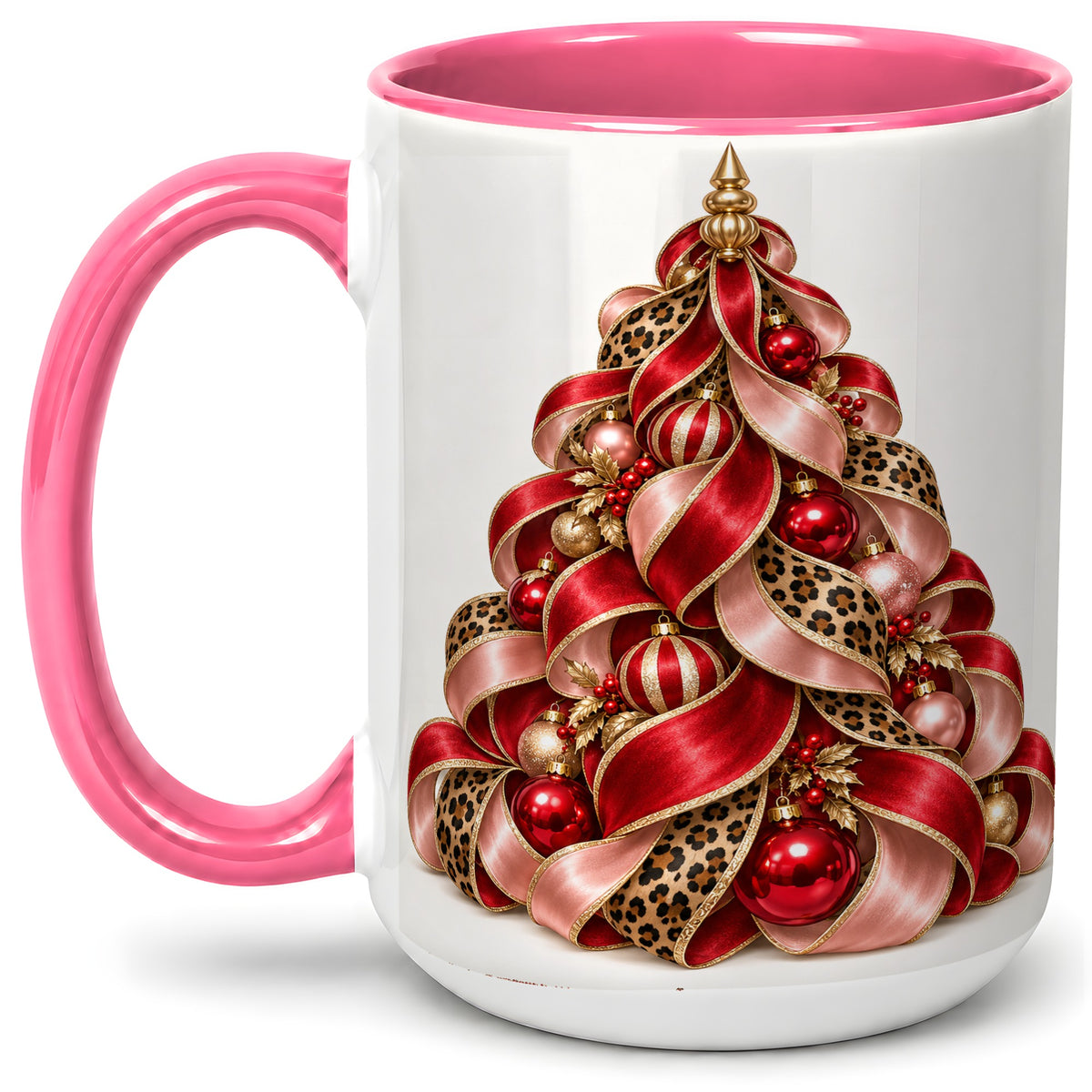 #pl[15oz|Pink] Leopard Ribbon Christmas Tree Accent Mug, Ceramic Cup with Bow Art