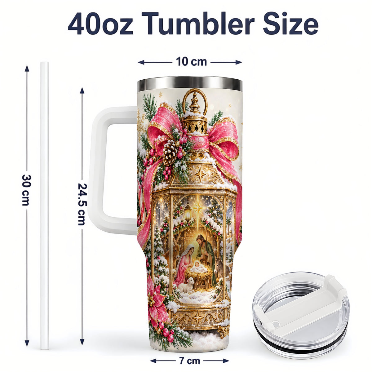 #pl[40oz|White] Christmas Nativity Scene 40oz Handled Tumbler, Holy Family Artwork