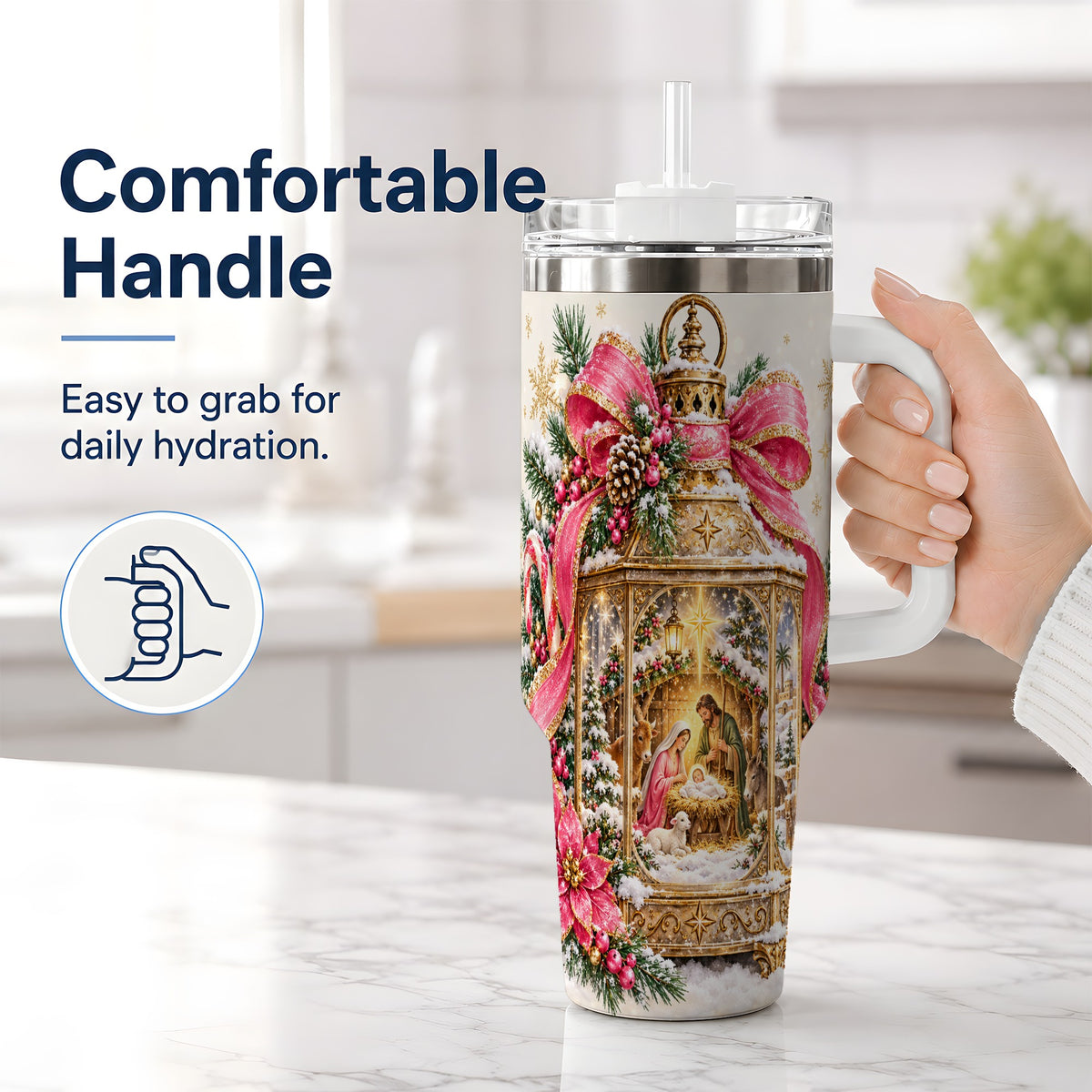 #pl[40oz|White] Christmas Nativity Scene 40oz Handled Tumbler, Holy Family Artwork