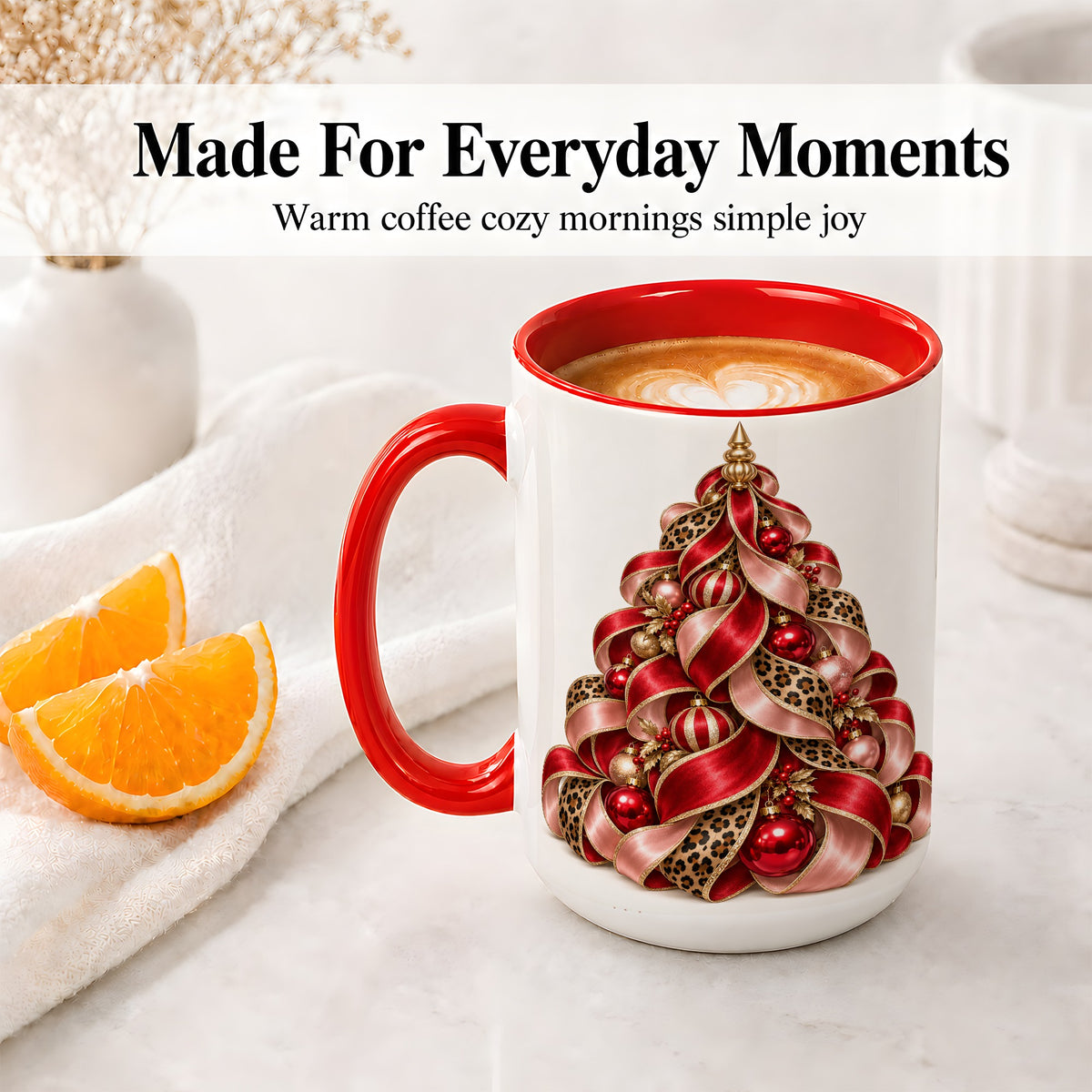 #pl[15oz|Red] Leopard Ribbon Christmas Tree Accent Mug, Ceramic Cup with Bow Art