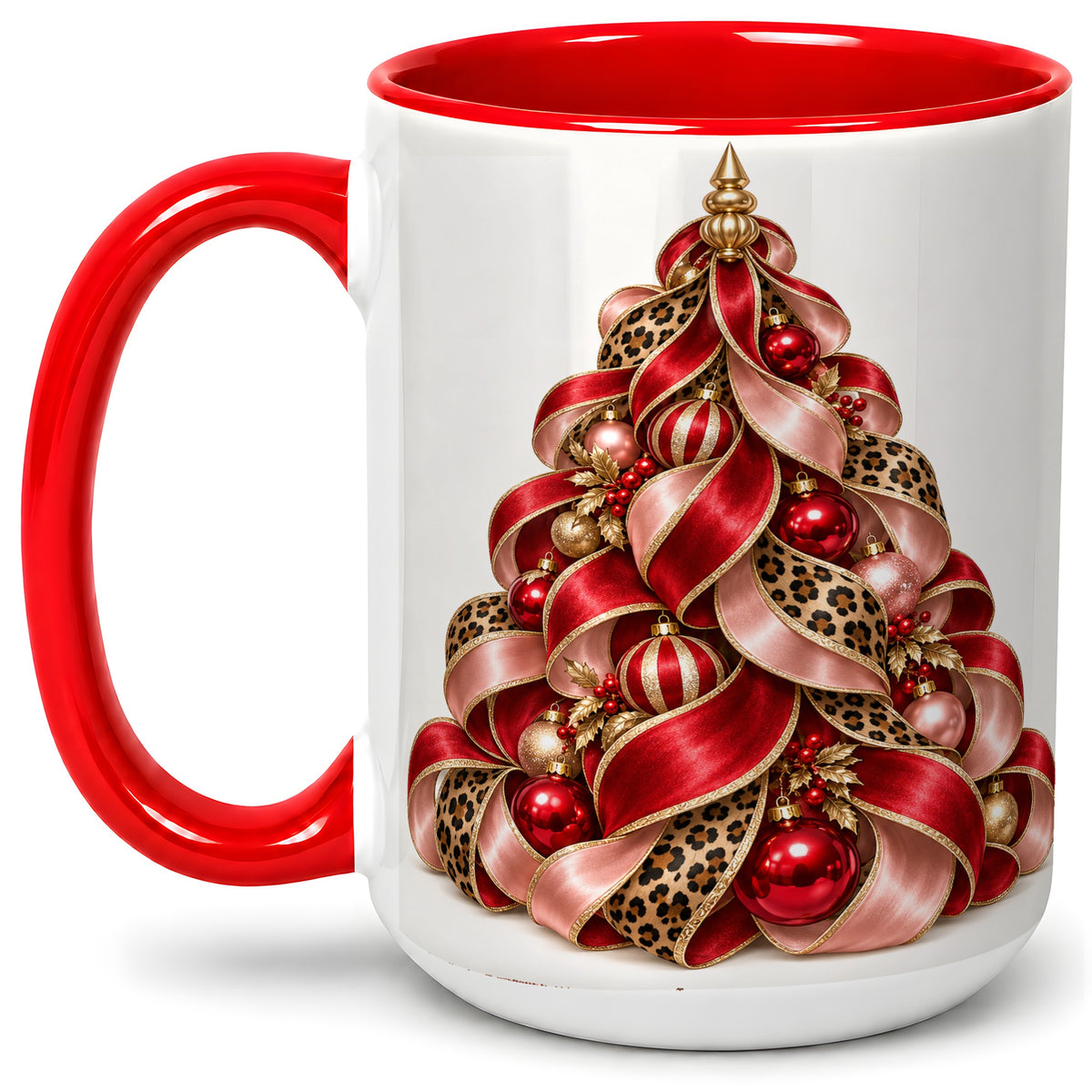 #pl[15oz|Red] Leopard Ribbon Christmas Tree Accent Mug, Ceramic Cup with Bow Art