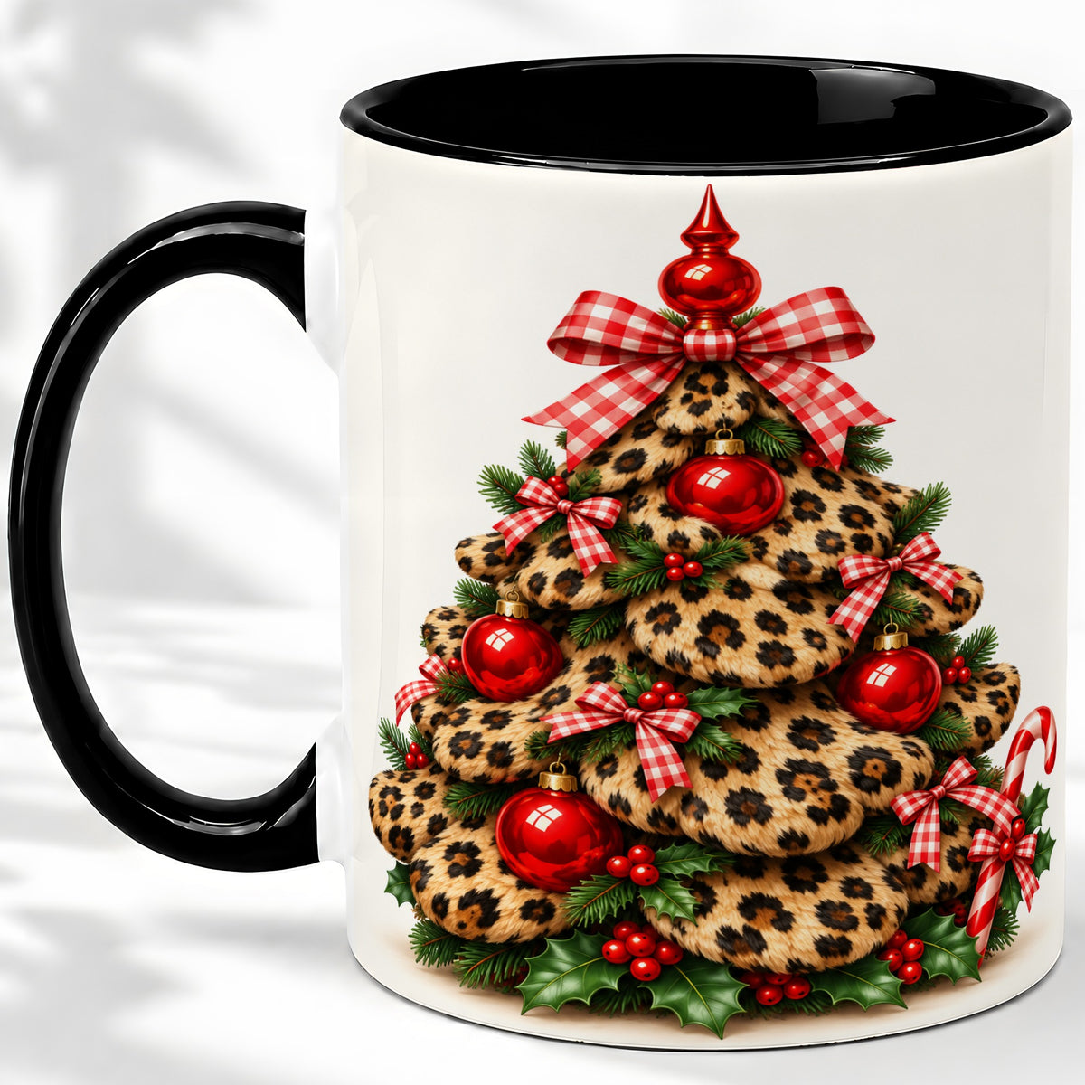 #pl[11oz|Black] Leopard Print Christmas Tree Ceramic Mug, Red Plaid Bow Design