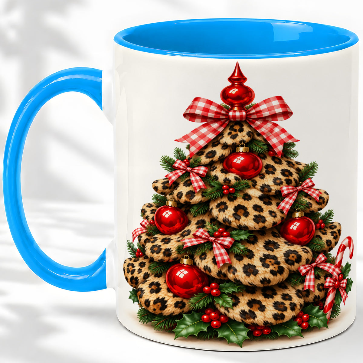 #pl[11oz|Blue] Leopard Print Christmas Tree Ceramic Mug, Red Plaid Bow Design