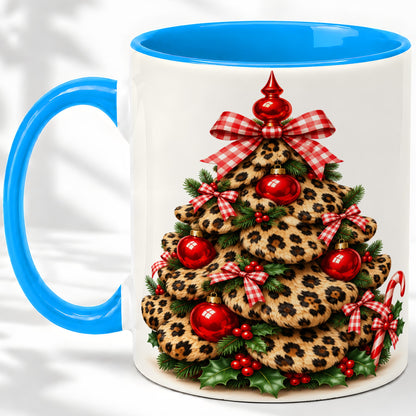 #pl[11oz|Blue] Leopard Print Christmas Tree Ceramic Mug, Red Plaid Bow Design