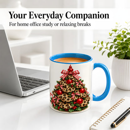 #pl[11oz|Blue] Leopard Print Christmas Tree Ceramic Mug, Red Plaid Bow Design