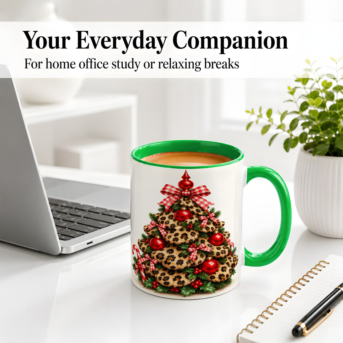 #pl[11oz|Green] Leopard Print Christmas Tree Ceramic Mug, Red Plaid Bow Design