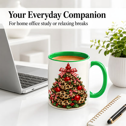#pl[11oz|Green] Leopard Print Christmas Tree Ceramic Mug, Red Plaid Bow Design