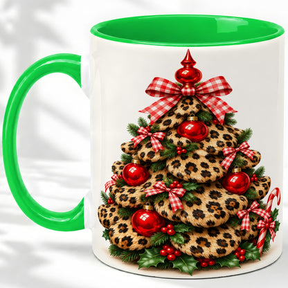 #pl[11oz|Green] Leopard Print Christmas Tree Ceramic Mug, Red Plaid Bow Design