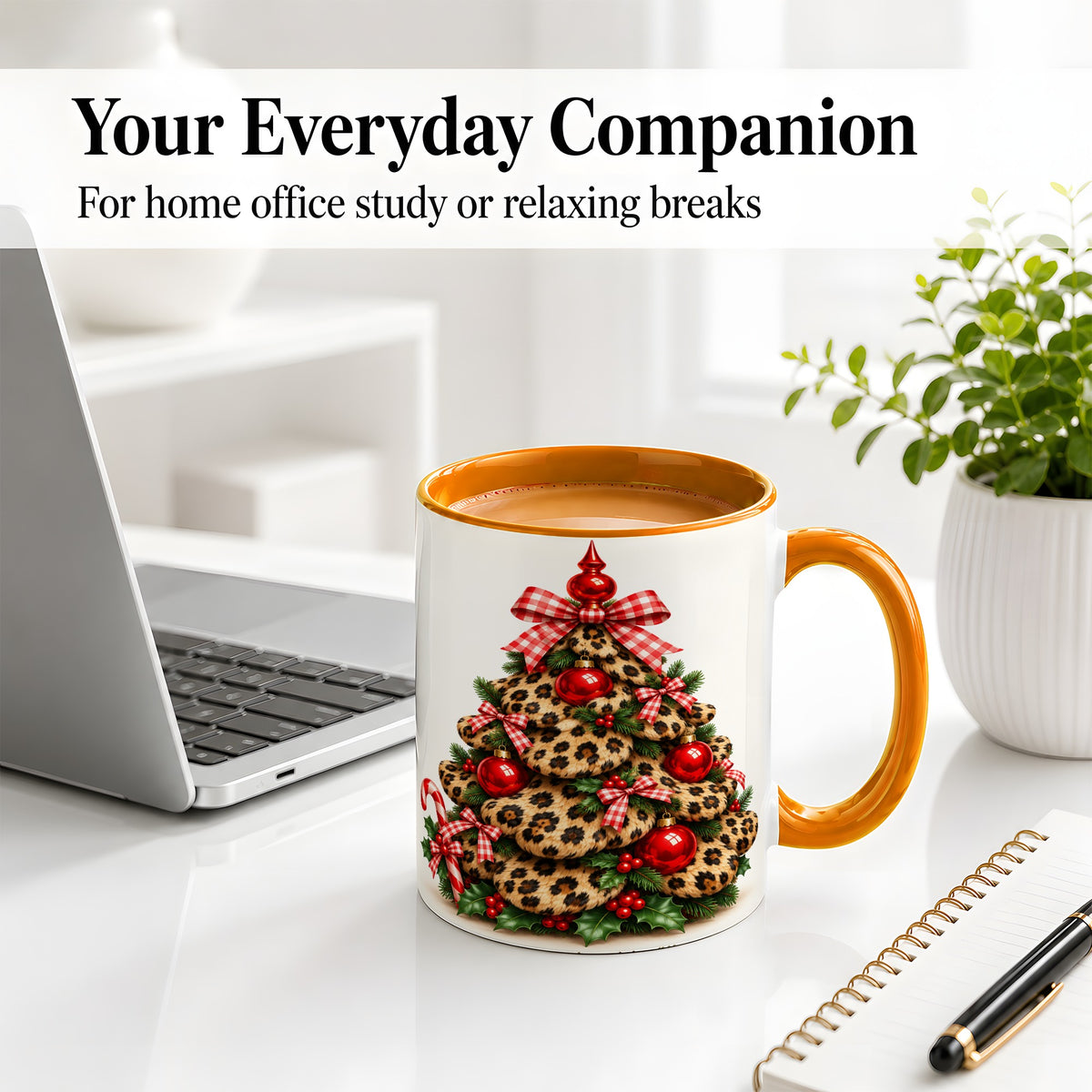 #pl[11oz|Orange] Leopard Print Christmas Tree Ceramic Mug, Red Plaid Bow Design