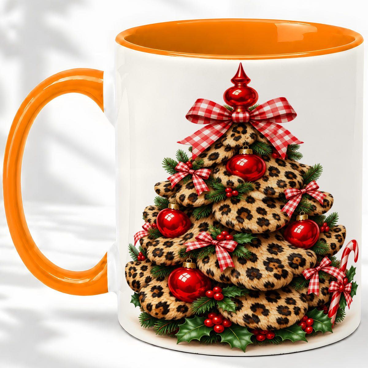 #pl[11oz|Orange] Leopard Print Christmas Tree Ceramic Mug, Red Plaid Bow Design