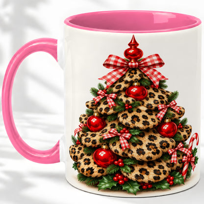 #pl[11oz|Pink] Leopard Print Christmas Tree Ceramic Mug, Red Plaid Bow Design
