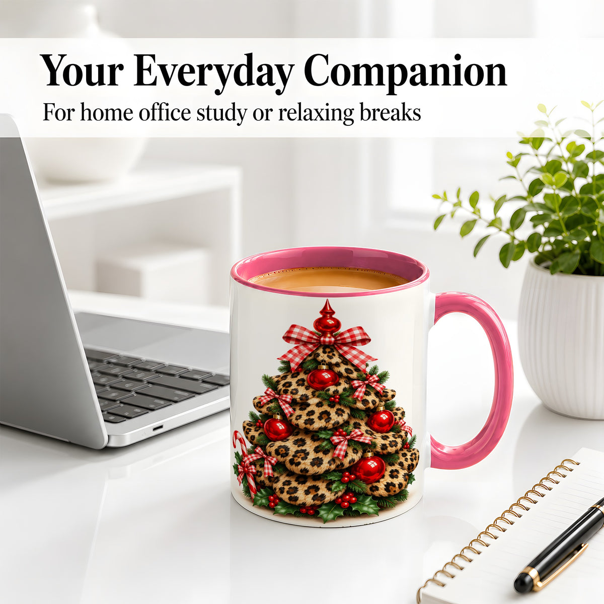 #pl[11oz|Pink] Leopard Print Christmas Tree Ceramic Mug, Red Plaid Bow Design