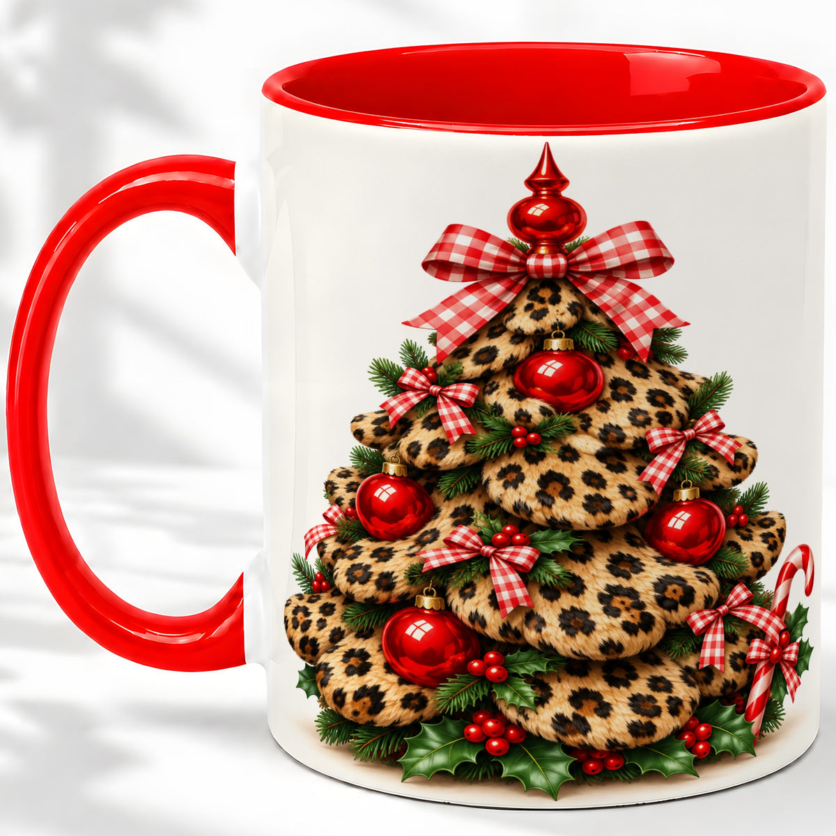 Leopard Print Christmas Tree Ceramic Mug, Red Plaid Bow Design