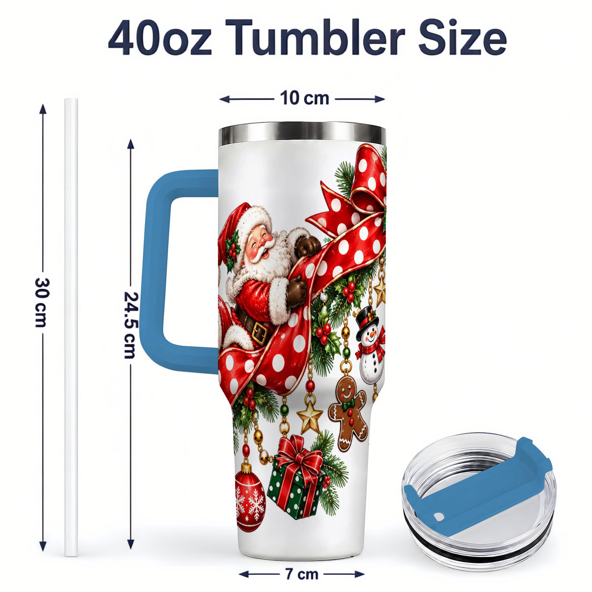 #pl[40oz|Blue] Santa Christmas Bow 40oz Handled Tumbler, Festive Ornament Artwork