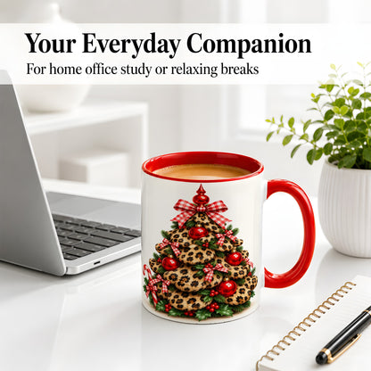 #pl[11oz|Red] Leopard Print Christmas Tree Ceramic Mug, Red Plaid Bow Design